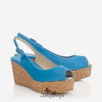 Jimmy Choo Robot Blue Suede with Lasered Cork Covered Wedges 70mm BSJC7575628